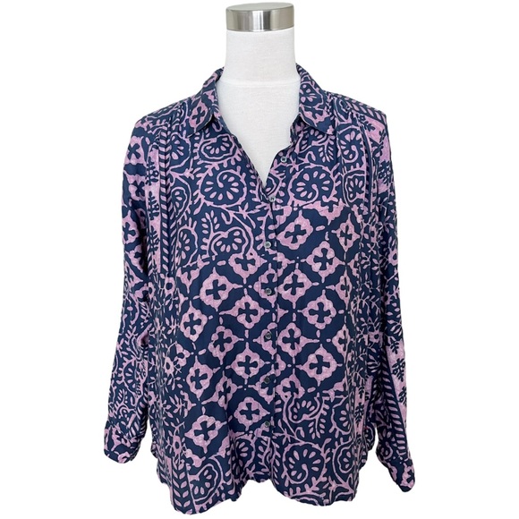 Xírena Ikat Long Sleeve Button Up Shirt Blouse Kiran Cotton Silk Purple Blue S - Picture 1 of 10